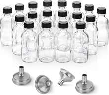 18 Pack, 2 Oz Small Clear Glass Bottles W/Lid &Amp; 4 Stainless Steel Funnels - 60ml Boston Sample Bottles - Mini Travel Essential Or Decorative Bottles For Potion, Juice, Wellness, Ginger Shots, Whiskey - MàuC - Xem 1