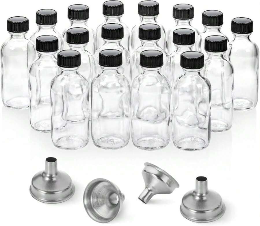 18 Pack, 2 Oz Small Clear Glass Bottles W/Lid &Amp; 4 Stainless Steel Funnels - 60ml Boston Sample Bottles - Mini Travel Essential Or Decorative Bottles For Potion, Juice, Wellness, Ginger Shots, Whiskey - MàuC - Xem 1