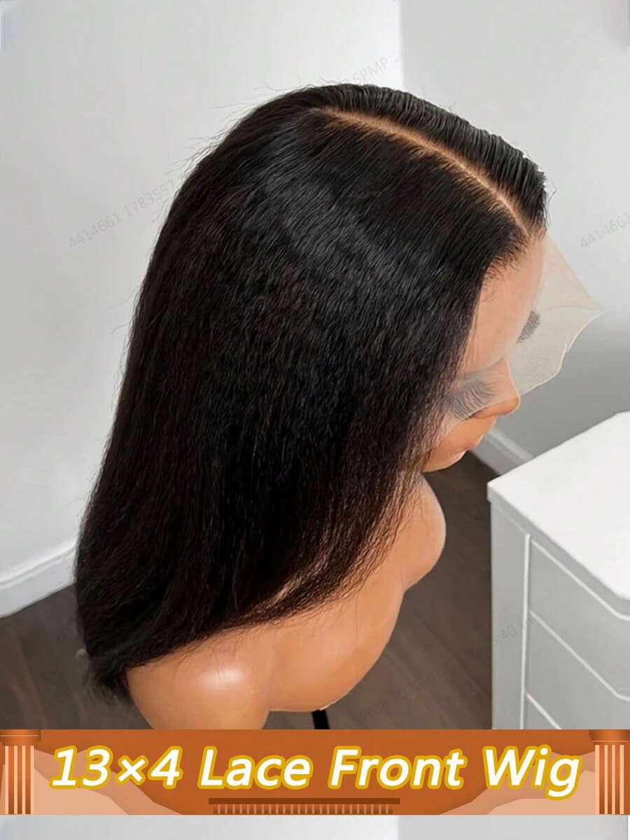Yaki Straight Transparent Lace Front Wigs 13*4 Lace Front Wigs 4C Edges Curly Human Hair Wigs Kinky Straight Wig With Pre Plucked Baby Hair For Women Natural Hairline Natural Black 180 Density - Natural Black - View 1