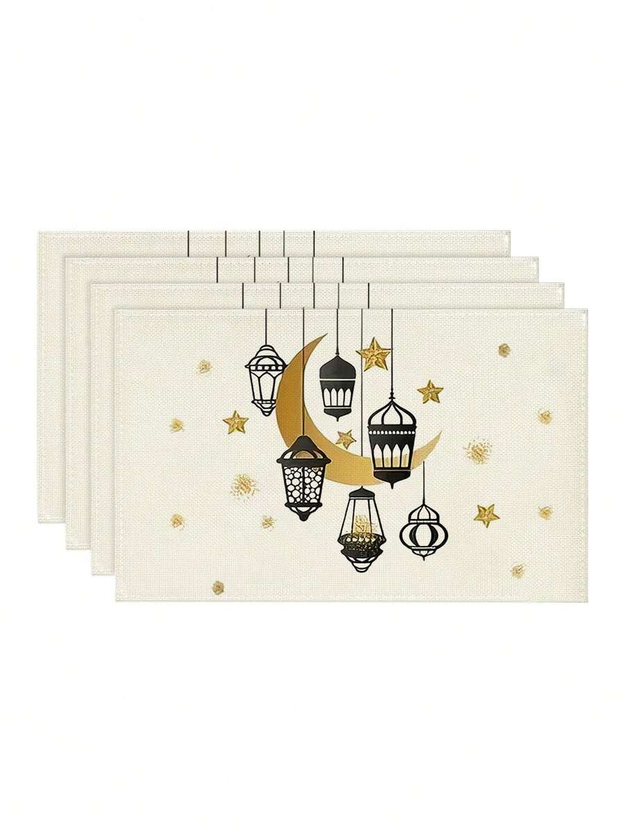 Bộ 4/6 tấm lót bàn ăn Ramadan, Ramadan Kareem, Ramadan Mubarak, Eid Mubarak, Eid Al Fitr, có khả năng cách nhiệt, giặt được và chống bám bẩn, thích hợp cho gia đình, nhà hàng, trang trí bàn ăn, trang trí phòng, trang trí nhà cửa, trang trí các ngày lễ Hồi giáo. - Vàng - Xem 1