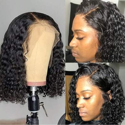 Glueless Curly Bob Wig] Deep Wave Short Bob Wig 1pc - Glueless Curly Bob Nylon Material Machine Made Rose Net Unscented Easy Wear No Power Required, Valentine's Day Gift YWBL-WH