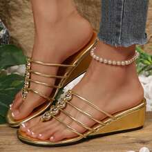 Boho Dressy Cute Clip Toe Sandal Wedge Sandals Women's Gold Strappy Sandals Round Toe Wedding Slides Shoes For Summer Beach - 金色 - 查看 8