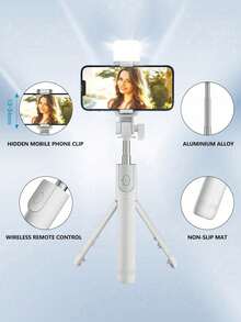 Bluetooth Selfie Stick Tripod With LED Fill Light & Remote, Extendable Phone Tripod Stand For Live Streaming, Vlog, Travel & Photography - White - View 2