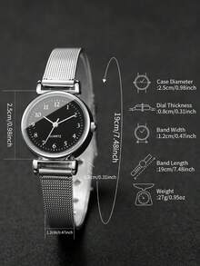 4pcs Women's Elegant Quartz Watch Set (Including Silver Mesh Band Black Dial Quartz Watch, Full Diamond Silver Bracelet, Single Diamond Necklace, Single Diamond Ring And Earrings) - Silver - View 3