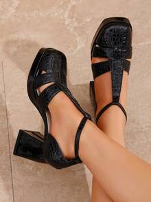 Fashionable Women's High Heel Square Toe Hollow Thick Heel Mary Jane Shoes, Elegant For Office, Party, Daily Wear, Versatile - Black - View 6