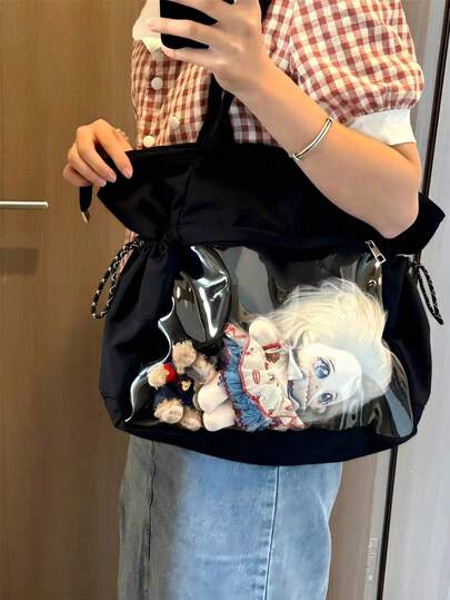 1pc Sweet Japanese Style Girl Simple Versatile Tote Bag, Dual Side Pockets Large Capacity Sports Style Handbag, Anime JK School Uniform Bag, DIY Ita Bag, High-Quality Nylon Material Zipper Closure, Oversized Transparent Display Window For Figurines, Badges, Postcards, College Style Carry-On Bag, Minimalist Women Wallet, Suitable For Daily Commute, Shopping, Gatherings, Comic Conventions, Travel