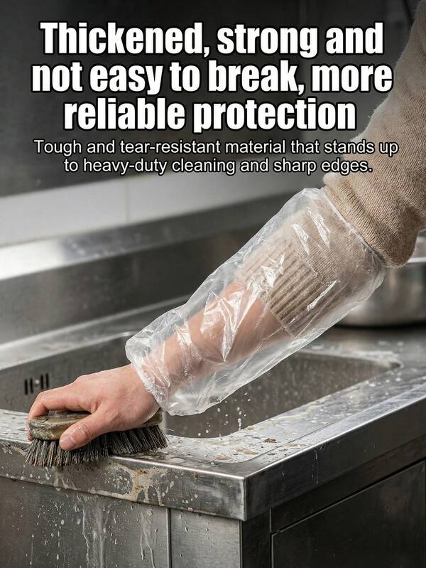 Fundas desechables transparentes para mangas de limpieza - Material de PE reforzado resistente a roturas, impermeable y resistente al aceite / Reutilizable / Lavable / Puño elástico ajustable / Ligero y transparente / Protección completa del brazo / Mantiene las manos limpias, adecuado para limpieza del hogar, chefs, jardineros, dueños de mascotas, aficionados al bricolaje, estudiantes, se puede usar para lavar el fregadero de la cocina, limpiar el baño, jardinería, pintura, mantenimiento de automóviles, trabajo de laboratorio, limpieza de primavera
