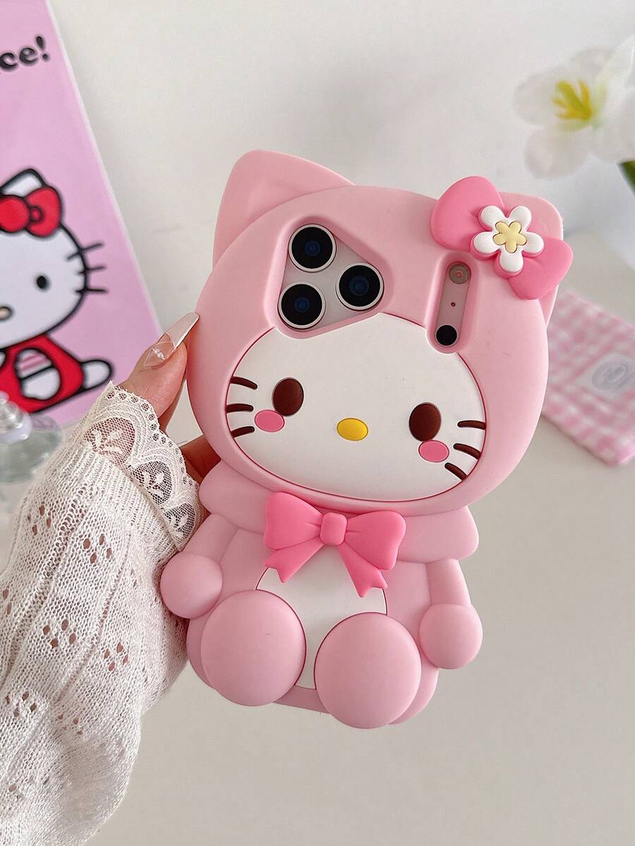 SANRIO 2026新款创意卡通花朵3D蝴蝶结Hello Kitty猫咪设计硅胶防震全包保护壳，兼容苹果17 Pro Max/16/15/14/13，时尚女士面罩 - 彩色 - 查看 1