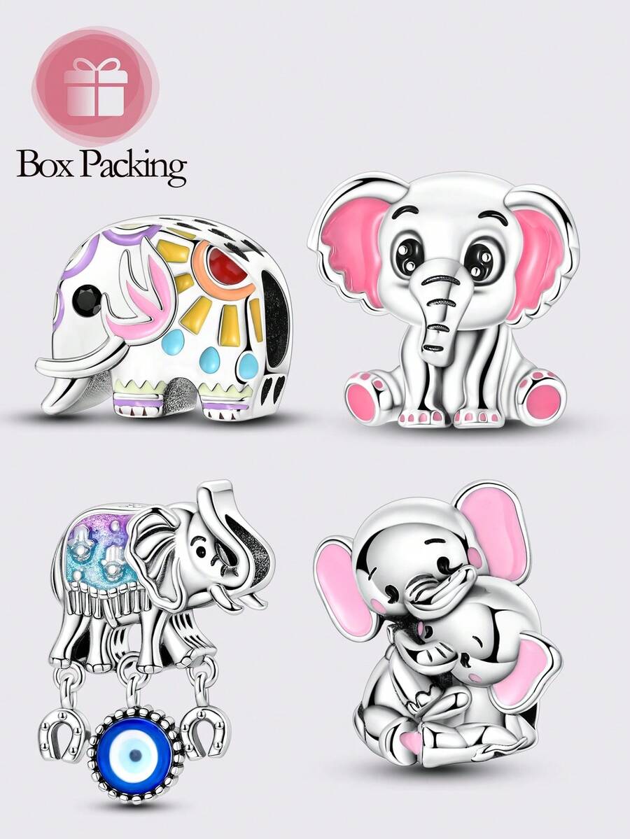 Silver Color Beaded Pendant, Cute Pink Enamel Elephant Design, Delicate Animal Shape, Handmade, Smooth Pink Enamel Elephant Bead Accessory - Silver - View 1