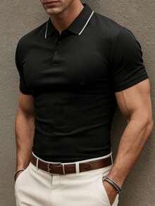 1pc Men's Black Polo Shirt With Contrast Collar, Knit Breathable Fabric, Business Casual Style Suitable For Office, Golf, Weekend - Black - View 2