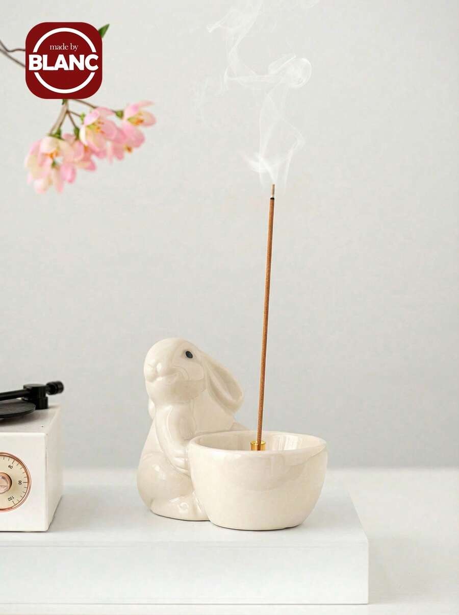 Haus Hana 1pc Rabbit Shaped Ceramic Incense Burner, Minimalist Style, Various Colors, Suitable For Festival, Gift, Home, Office, Hotel Decoration - White - View 1