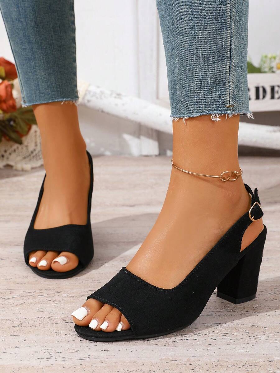 女士圆头舒适粗跟凉鞋，优雅搭扣黑色高跟凉鞋 - 黑色 - 查看 1