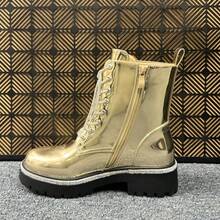 Women's Solid Color  Boots, Side Zipper Platform Lace Up Casual Boots, Round Toe Ankle Shoes - 金色 - 查看 3