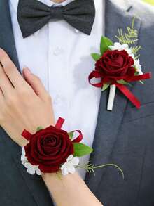 Wedding Boutonniere Set, Artificial Flower Bracelet, Homecoming Corsage Bracelet, Men's Boutonniere, Wedding Floral Accessories, Prom Suit Decoration - Multicolor - View 6