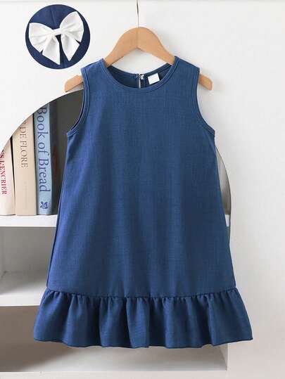 Mädchen Marineblau Denim Kleid ohne Ärmel mit 3D Schleifen Dekor und Rüschensaum, süßer und cooler Sommerstil