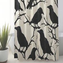 1Pc Gothic Crow & Floral Shower Curtain, Black & White Botanical Print, Machine Washable Polyester With 12 Hooks, Modern Elegant Bathroom Decor, Smooth Texture Fabric For Stylish Home Aesthetics, Bathroom Decor And Accessories - 顏色8 - 查看 5