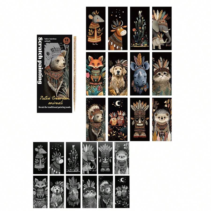 12pcs DIY Scratch Rainbow Art Paper Scratch Painting Postcards, Animal, Landscape, Architecture Scratch Paper - Black - View 1