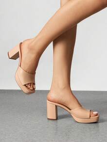 Women Minimalist Open Toe Heeled Mule Sandals Slip On, Thick Heel Casual High Heel Sandals For Outdoor Spring/Summer - khỏa thân - Xem 3