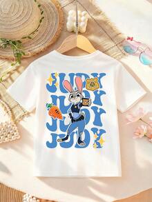 Disney Zootopia Officer Bunny Double-Sided Letter Print T-Shirt For Girls - Children's Clothing Design Short-Sleeve Casual Cute Style Comfortable And Relaxed Suitable For Boys And Girls, Perfect For Parties And Play Machine Washable Gift Children's Clothing Girls' Short-Sleeve Shirt - White - View 3