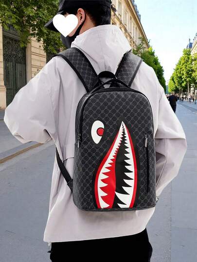 Shark Print Large Capacity Backpack For Teenagers, Minimalist Personalized Casual Daypack, Lightweight Breathable Printed Backpack For Summer, All-Over Random Printed (All Webbing Printed Letters Random)