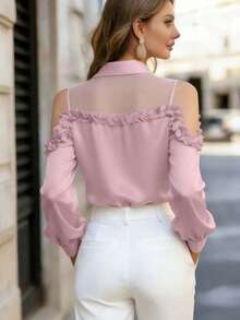 Women's Satin Shirt, Long-Sleeve Button-Up Shirt With Collar, Non-Stretch Regular Fit, Suitable For Summer, Spring, And Autumn - Baby Pink - View 3