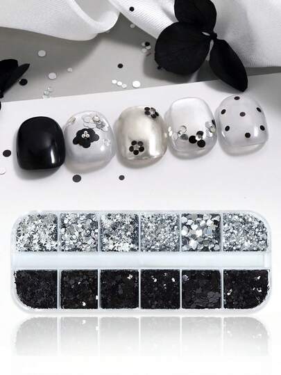 Y2K 迷你星星美甲亮片银黑色爱心美甲饰品可爱韩式美甲艺术配件情人节DIY美甲装饰