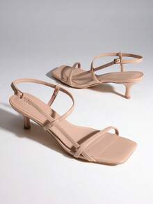 Women Kitten Low Heel Sandals Square Open Toe Ankle Strap Party Wedding Dressy Heeled Sandals - Nude - View 4