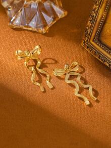 1 Par de Brincos de Laço com Pingente de Fita em Metal Dourado 14K, Brincos Longos Elegantes para Casamento, Presente Perfeito para o Dia das Mães, Dia dos Namorados e Natal. - brincos longos de laço de fita - Ver 4