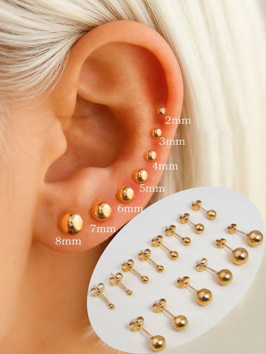 7/4/3对极简迷你球形不锈钢耳钉套装，男女皆宜，可叠戴；14K镀金大圆球设计耳钉，男女通用，蝴蝶扣耳堵，适合耳骨、耳廓、耳垂等穿孔，适合女孩度假、节日、派对及日常佩戴。 - Standard - 查看 1