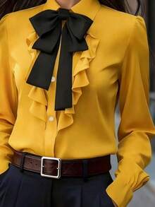 Kemeja Lengan Panjang Wanita Elegan dengan Hiasan Ruffle dan Pita, Desain Kancing Depan Warna Polos, Cocok untuk Acara Kerja dan Kasual, Blus Kasual, Atasan Elegan untuk Musim Semi - Kuning - View 6