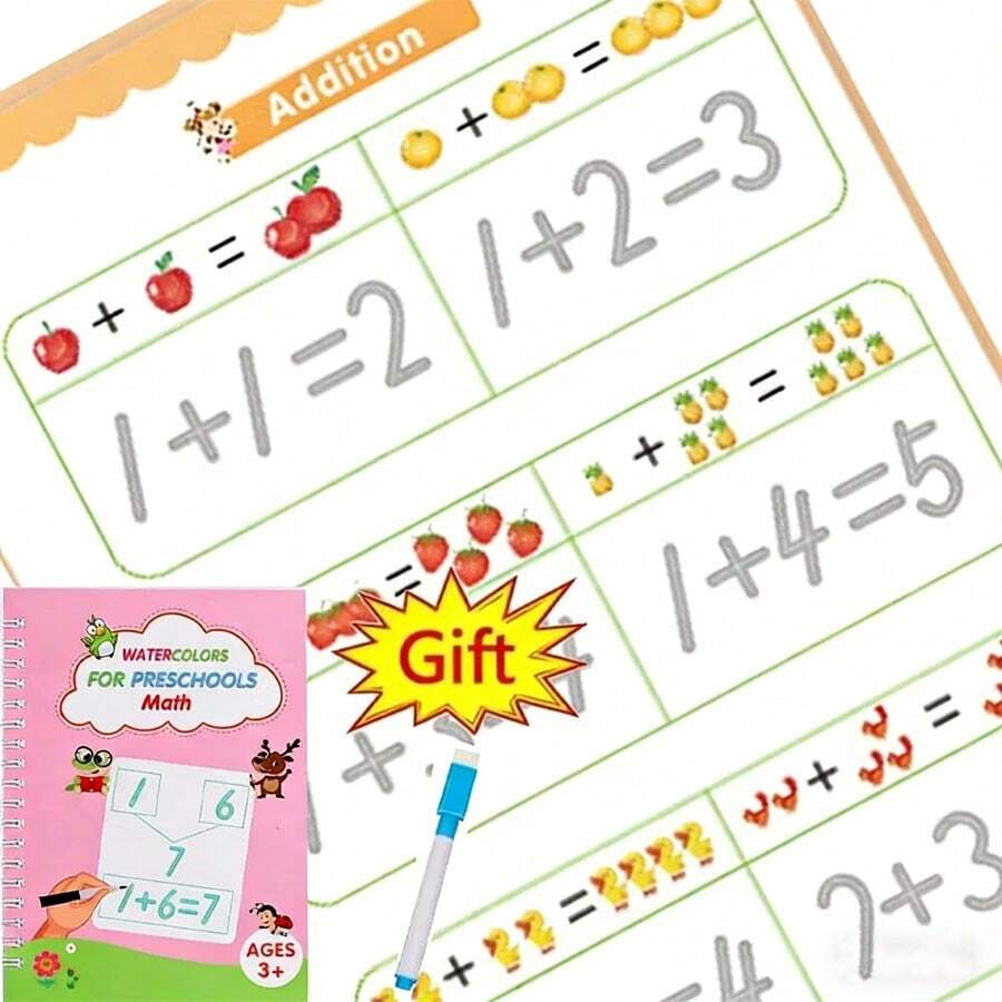 儿童笔记本，防水白色硬纸板+1支可擦笔，可重复使用，神奇笔记本，儿童早期练习书法，学习数学加减法。（笔的颜色随机。）