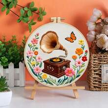 1 Set 11CT Cross Stitch Embroidery Kit, DIY Handmade Embroidery, Gramophone, Hot Air Balloon, Bee, Vase, Floral, With 3-Strand Thread, Bamboo Embroidery Hoop, Pattern Chart