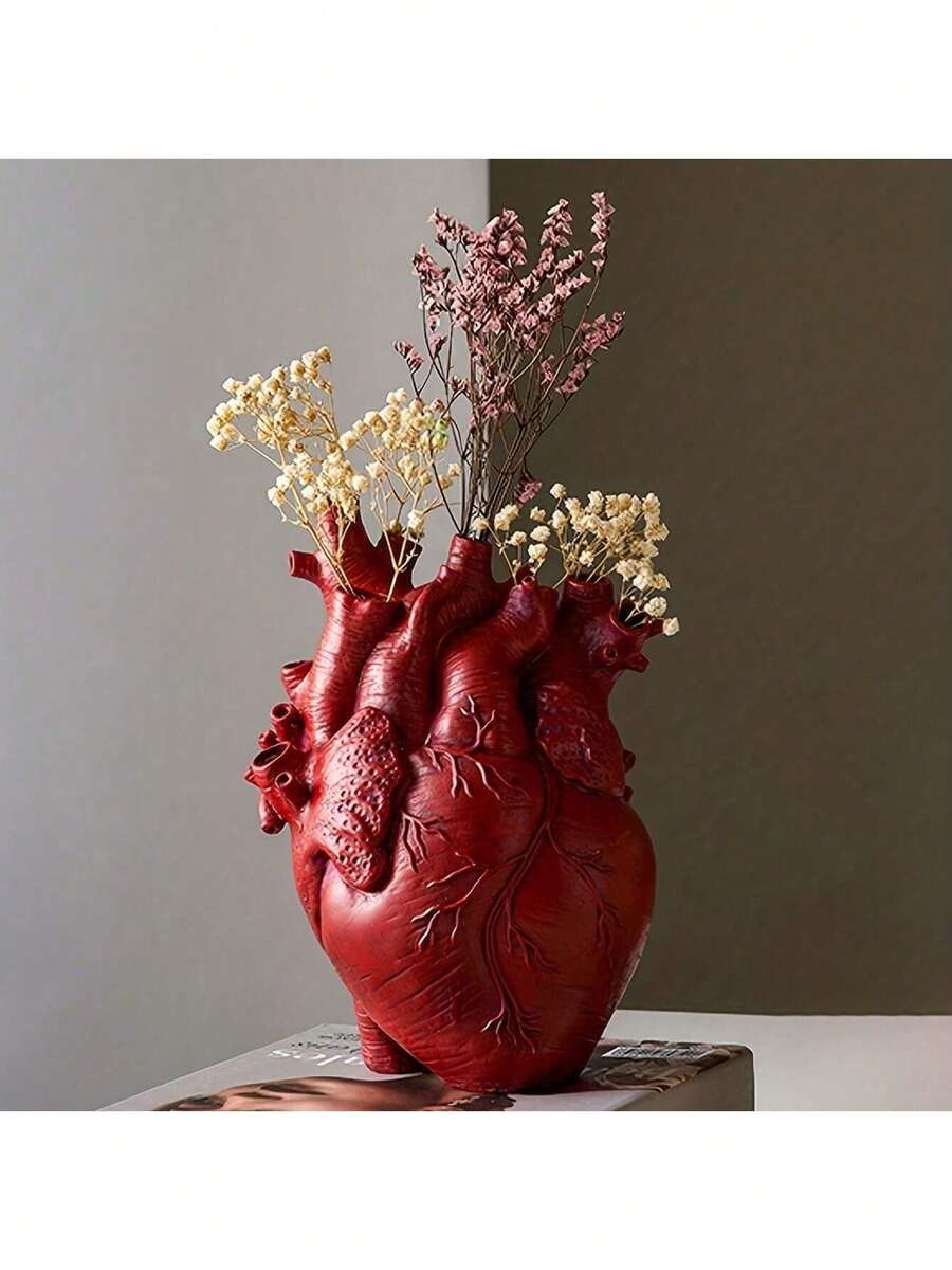 1 Piece Heart Shaped Resin Decoration For Tabletop And Living Room Includes Vase And Dried Flower Arrangement For Tabletop Resin Vase For Tabletop Tabletop Arrangement Room Living Room Decoration - Đỏ - Xem 1
