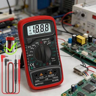 Multímetro digital portátil XL830L con pantalla LCD, retroiluminación, cables de prueba y batería incluida, mide voltaje, corriente, resistencia, continuidad, ideal para electricistas