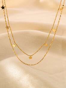 1pc Middle Eastern Ramadan Double Layer Women Necklace, Beach Style Stainless Steel Five-Pointed Star Tassel Pendant Multi-Layer Necklace, Fashionable Shiny Jewelry Gift, Stainless Steel Jewelry - Yellow Gold - View 6