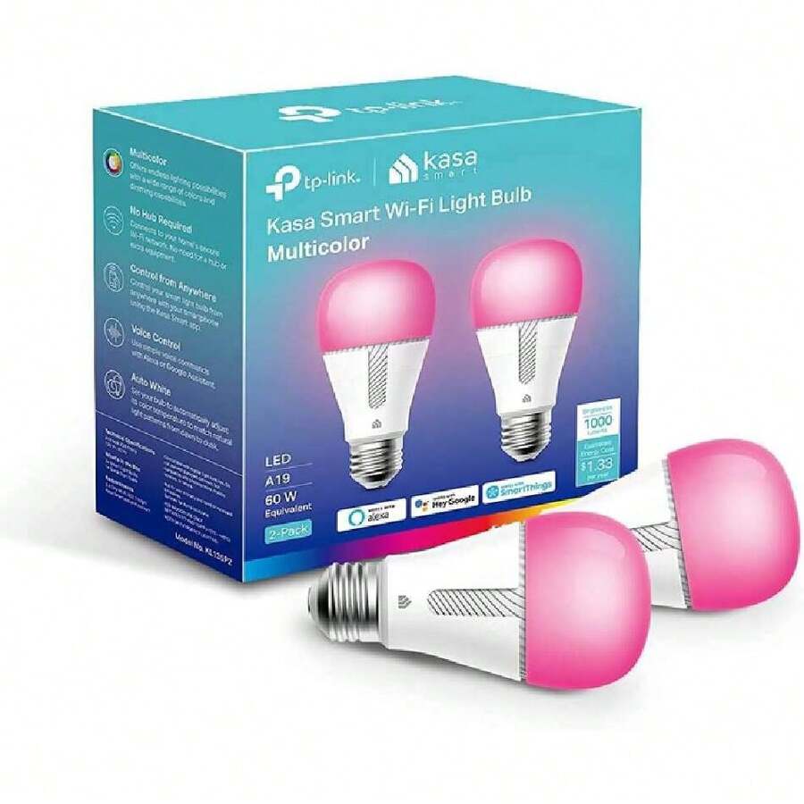 Kasa - 1000 Lumen Full Color Changing Smart Bulb, WiFi Smart Bulb Compatible With Alexa And Home, 11W, A19, 2.4 GHz Only, No Hub Required (KL135P2), 2-Pack, 39232156 - 酒紅色 - 查看 1