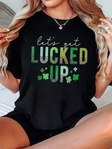 Plus Size St Patrick's Day T Shirt Let's Get Lucked Up With Clover And Sparkle Print For St Patrick's Day Celebration-220g - màu đen - Xem 1