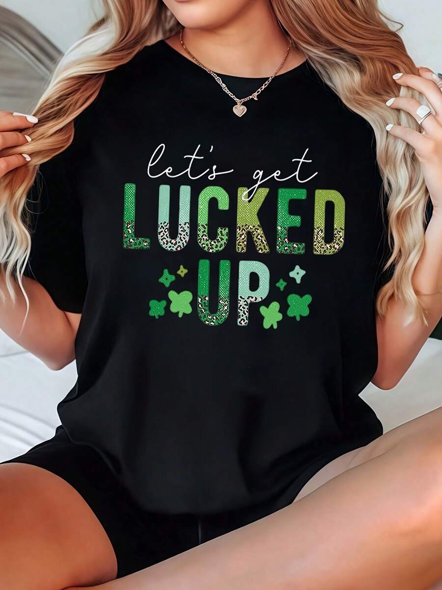 Plus Size St Patrick's Day T Shirt Let's Get Lucked Up With Clover And Sparkle Print For St Patrick's Day Celebration-220g - màu đen - Xem 1