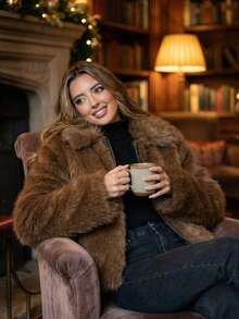 Perirose Women's Brown Old Money Faux Fur Jacket, Plush Long Sleeve Zip Front Cropped Coat, Fall Winter Elegant Streetwear Holiday Going Out - Brown - View 3