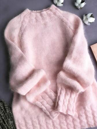 Suéter de punto casual de cuello alto, manga raglán y manga larga, unicolor de canalé fino para mujer