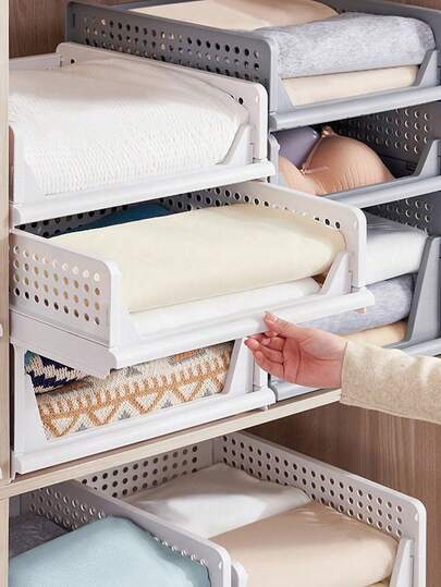 Folding Partition Wardrobe Storage Rack, Drawer-Style Clothes Organizer Box, Stackable Plastic Shelves, Space-Saving Storage Rack For Home, Closet, Bedroom, Dorm