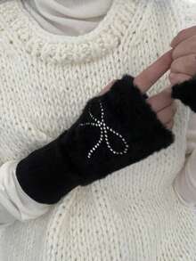 1 Pair Women's Fashion Plush Bow Rhinestone Half Finger Gloves, Versatile Casual Warm Winter Fingerless Gloves For Students, Writing, Office Summer - Multicolor - View 8