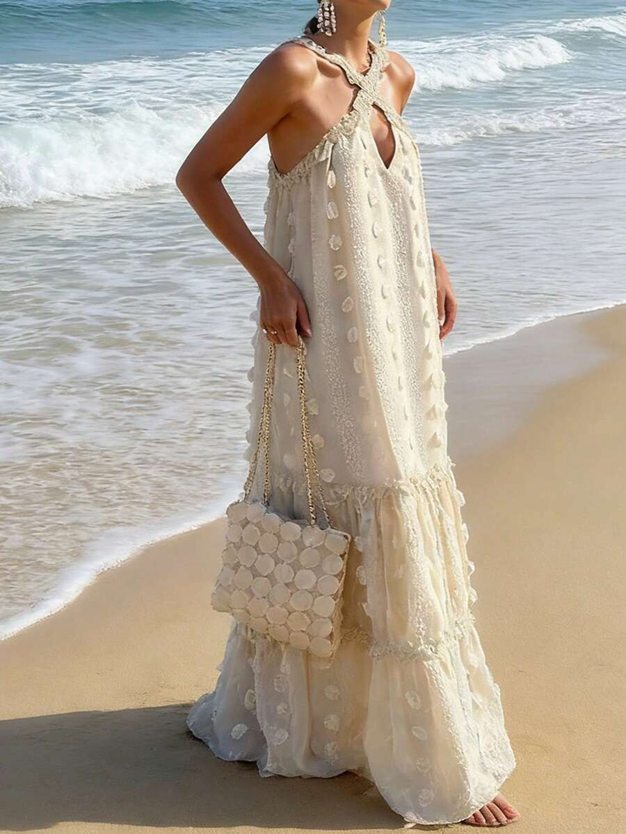 Đầm maxi cổ yếm khoét eo màu be in hoa 3D dành cho nữ, bộ sưu tập Xuân Hè 2026, thích hợp cho ngày Valentine, kỳ nghỉ lãng mạn ở bãi biển sa mạc, khu nghỉ dưỡng, phong cách Boho Chic. - Màu be - Xem 1