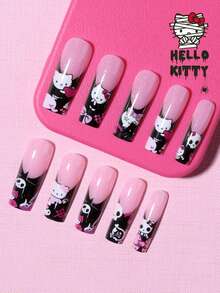 Sanrio 萬聖節 Evil Hello Kitty 24片中號方型 3D 凝膠亮片法式穿戴短甲，含 Hello Kitty、Kuromi、星星、蝴蝶結與幽靈裝飾，亮片設計，完美貼合的壓克力假指甲套組，含 1 片果凍膠與 1 個指甲锉 - 彩色 - 查看 4