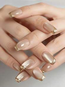 24pcs/Set Acrylic Press On Nails French Tip Nails Y2k Pink Nails Medium Coffin Fashion Ombre Glossy Foil Print Pattern Simple Style Reusable Press On Acrylic Nails Fake Nails Supplies, Set Includes: 1pc Jelly Gel And 1pc Nail File For Girls/Women For Daily, Party, Nails Art - Beige - View 1