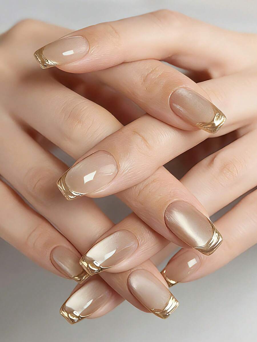 24pcs/Set Acrylic Press On Nails French Tip Nails Y2k Pink Nails Medium Coffin Fashion Ombre Glossy Foil Print Pattern Simple Style Reusable Press On Acrylic Nails Fake Nails Supplies, Set Includes: 1pc Jelly Gel And 1pc Nail File For Girls/Women For Daily, Party, Nails Art - Beige - View 1