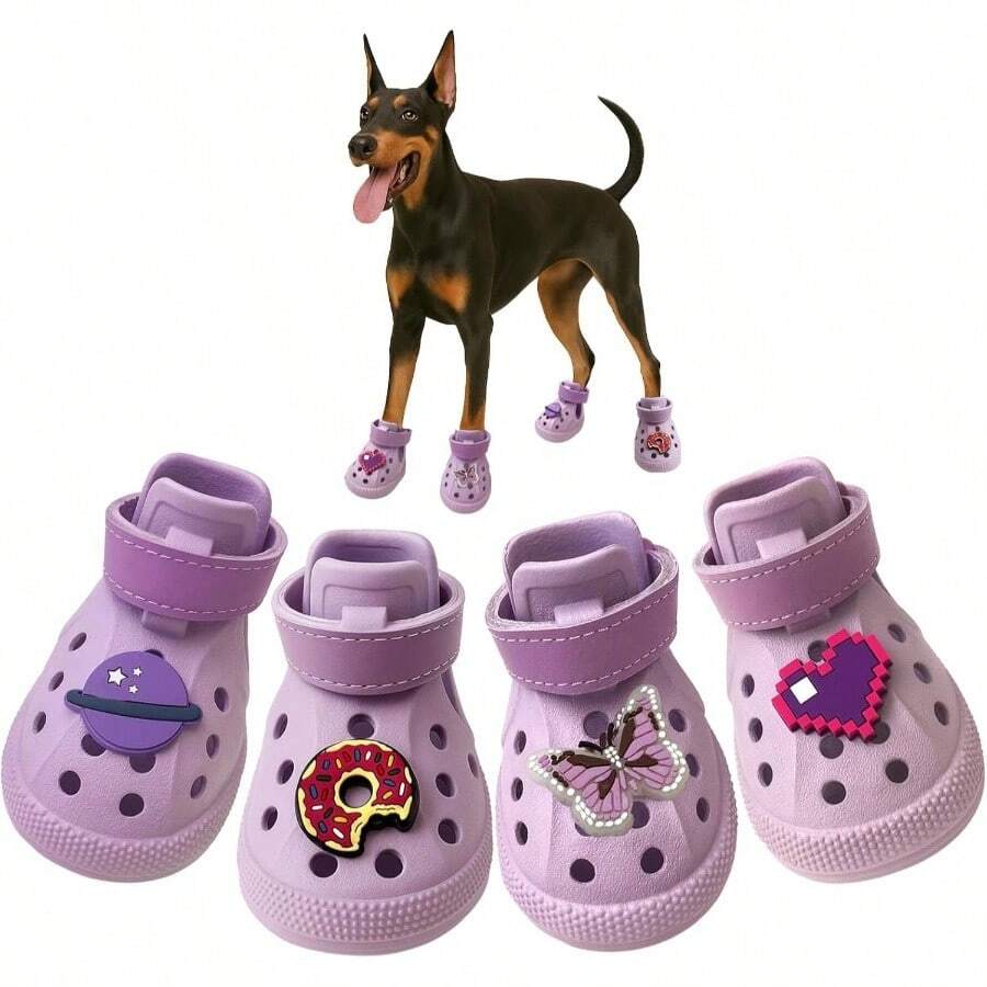 Dog Shoes, Non - Slip Waterproof Sandals Hot Pavement, Breathable Perforated Boots, Adjustable Straps Dog Rain Booties Summer Beach And Rainy DayPurple, 6 - 紫色 + 6#(2.17"x2.76")(寬*長) - 查看 1
