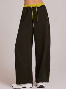 VUTRU High Waist Contrast Waistband Sports Wide Leg Pants, Casual Straight Leg Trousers