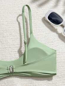 性感抹胸比基尼套装，女士休闲泳装，带搭扣细节，中等弹力 - 軍綠色 - 查看 9