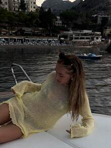 黄色镂空圆领长袖短款针织罩衫连衣裙，女士春夏新款时尚优雅休闲宽松舒适沙滩度假针织连衣裙，泳装派对，海滩，度假，纯色简约短裙 - 黃色 - 查看 9